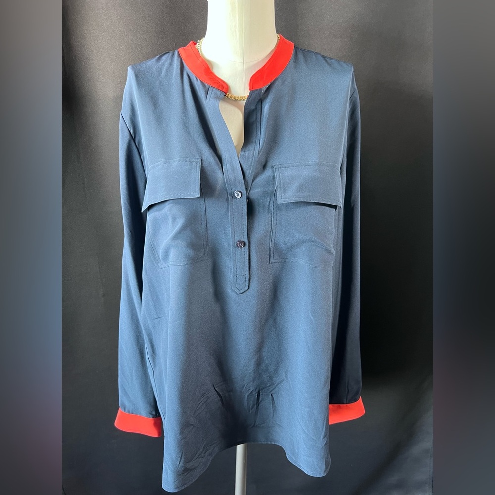 Vince Dark Blue 1/2 Button Up Professional Silk Blouse Orange Accents Size 12